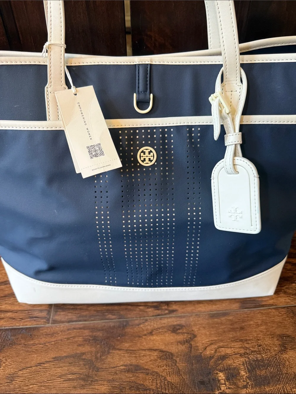 Tory Burch Navy and White Perforated Logo Tote